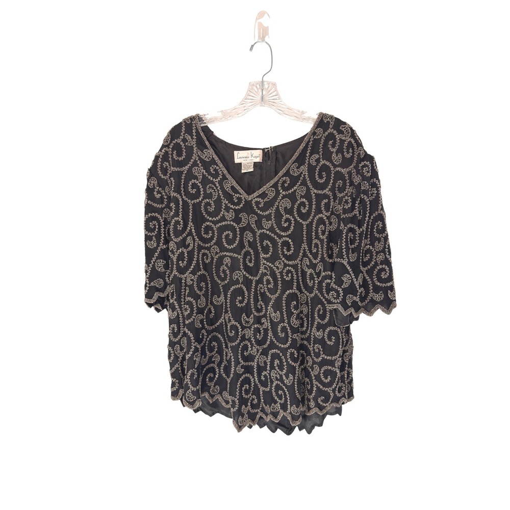 Laurenca Kazar Silk Top Beaded V-Neck Short Sleeve Evening Black Tie Formal 3X
